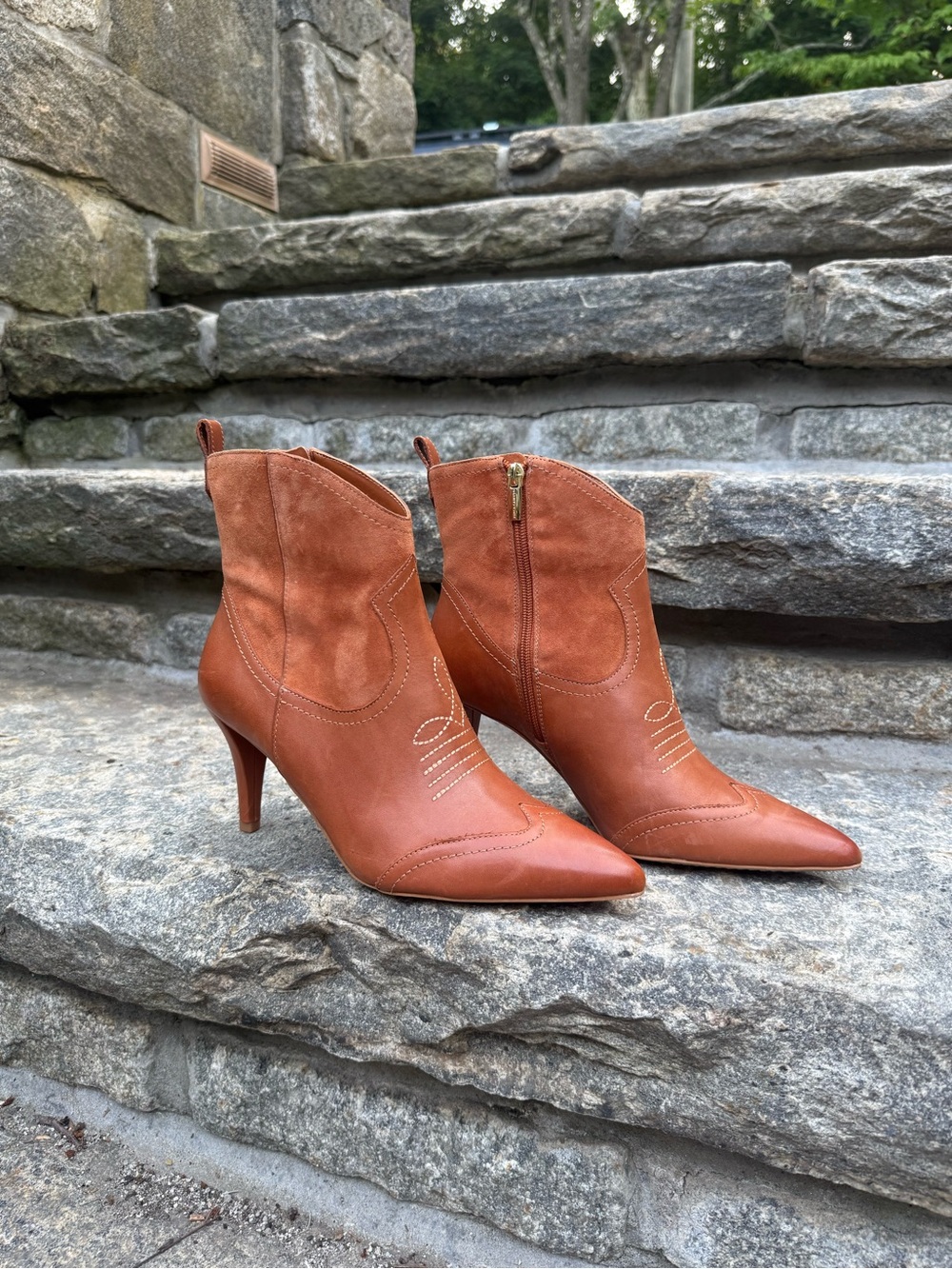 Vince Camuto Pointed Toe Western-Style Ankle Booties in Cognac Brown